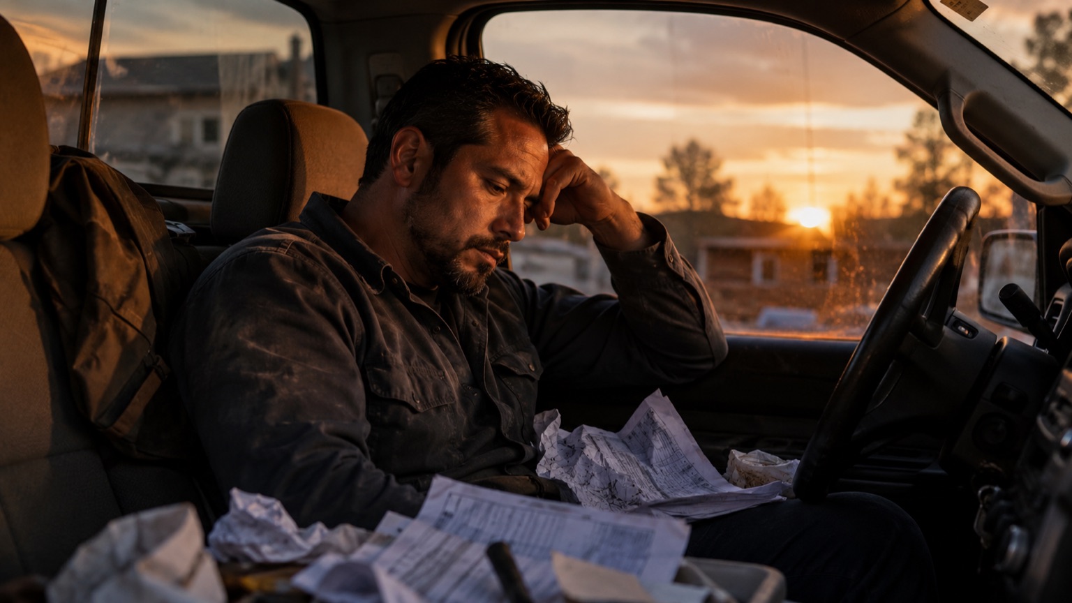 Contratista al final del día en su camioneta, con la cabeza en la mano, entre papelitos de cotizaciones