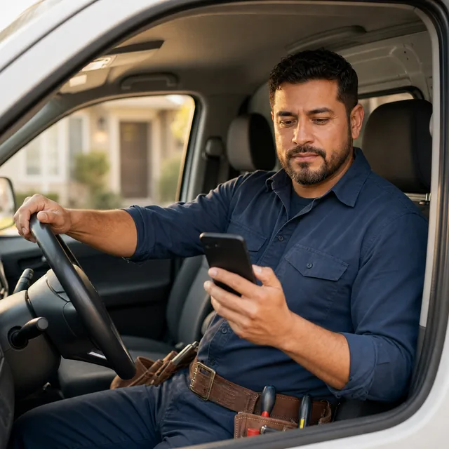 El contratista al volante revisa la ruta del día en su teléfono antes de arrancar